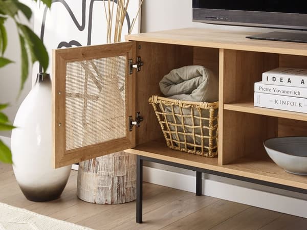 TV Stander Lys Træ 2 Låger 120 x 63 cm Metalben Boho Stil Fletskab