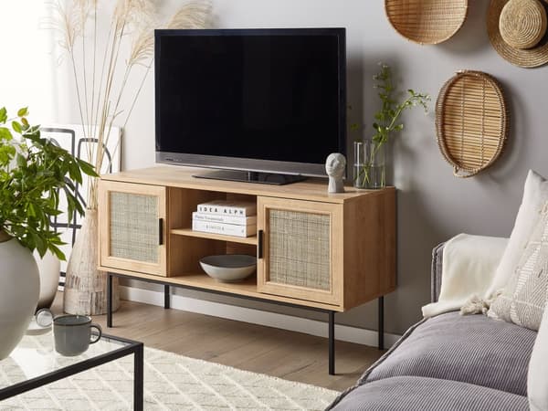 TV Stander Lys Træ 2 Låger 120 x 63 cm Metalben Boho Stil Fletskab