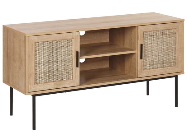 TV Stander Lys Træ 2 Låger 120 x 63 cm Metalben Boho Stil Fletskab