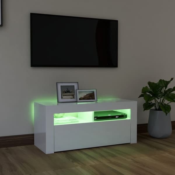 vidaXL TV-benk med LED-lys høyglans hvit 90x35x40 cm