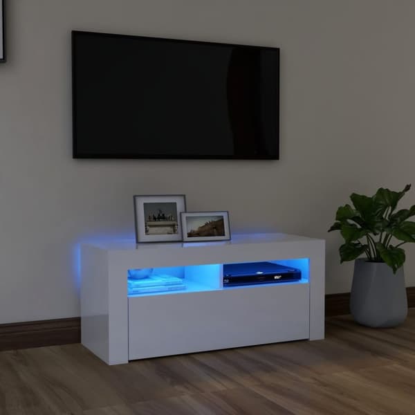 vidaXL TV-benk med LED-lys høyglans hvit 90x35x40 cm