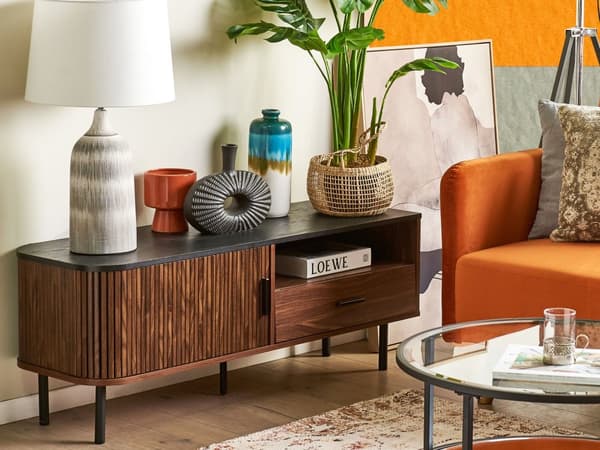TV-stativ Mørk træ Sort MDF TV Op til 54ʺ Retro Skydeskab Skuffe Kabelstyring Stue