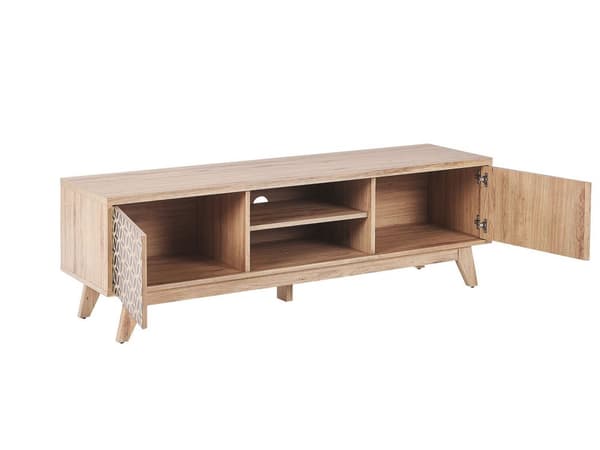 TV Bord Lyst Træ 140 x 40 x 45 cm Lav Fjernsynsbord med Skab Døre og Skuffer Opbevaring Tvbænk Stuen Tilbehør Tv Møbel med Kabelgennemføring