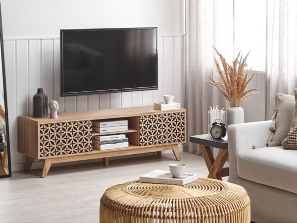 TV Bord Lyst Træ 140 x 40 x 45 cm Lav Fjernsynsbord med Skab Døre og Skuffer Opbevaring Tvbænk Stuen Tilbehør Tv Møbel med Kabelgennemføring
