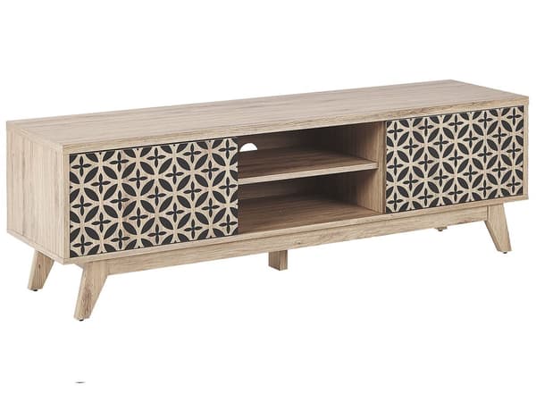 TV Bord Lyst Træ 140 x 40 x 45 cm Lav Fjernsynsbord med Skab Døre og Skuffer Opbevaring Tvbænk Stuen Tilbehør Tv Møbel med Kabelgennemføring