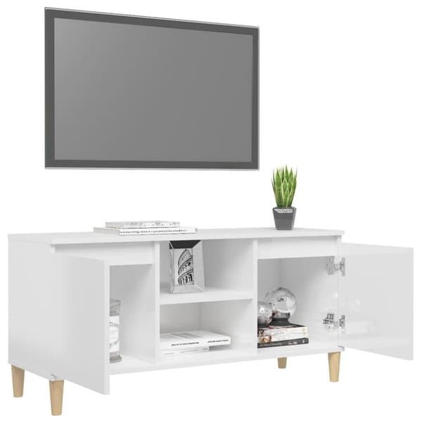 vidaXL tv-bord med massive træben 103,5x35x50 cm hvid højglans