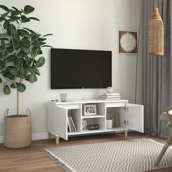 vidaXL tv-bord med massive træben 103,5x35x50 cm hvid højglans
