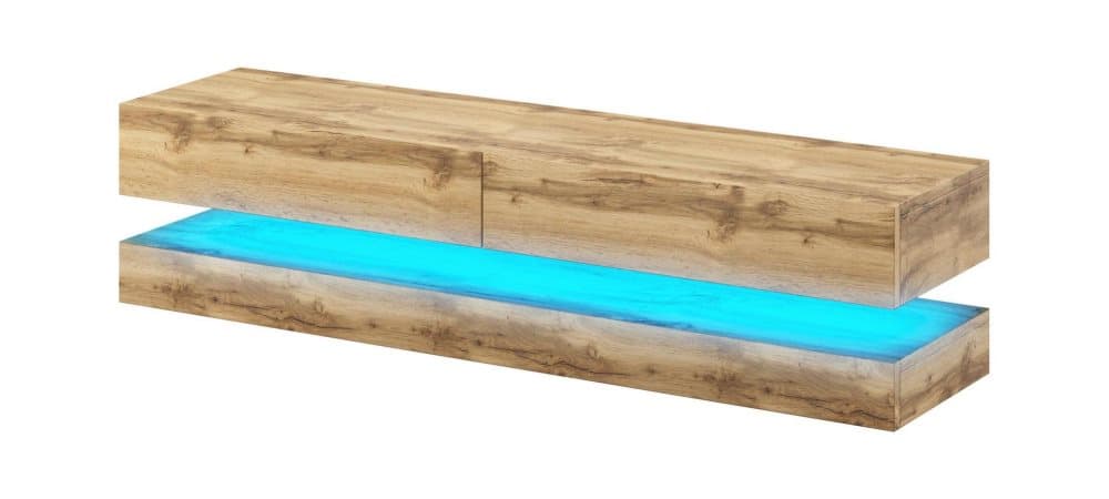 Hängande och modernt TV -skåp med rutschkana, finns i två storlekar, fyra färger och LED -belysning.