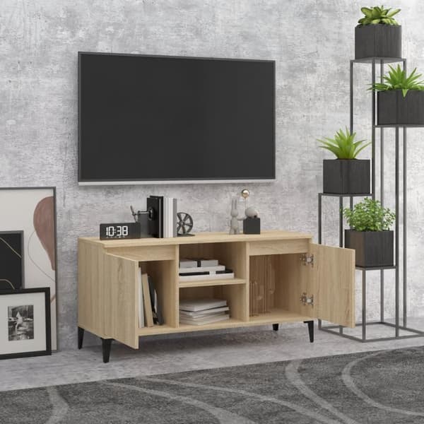 vidaXL TV-bänk med metallben sonoma-ek 103,5x35x50 cm