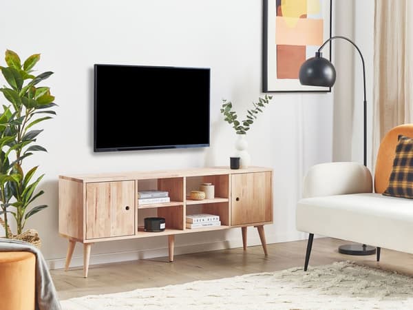 TV Bord Lyst Træ 145 x 30 x 59 cm Fjernsynsbord med 2 Låger og Hylder til Stue Mediemøbel TV Bænk Indretning Retro Design
