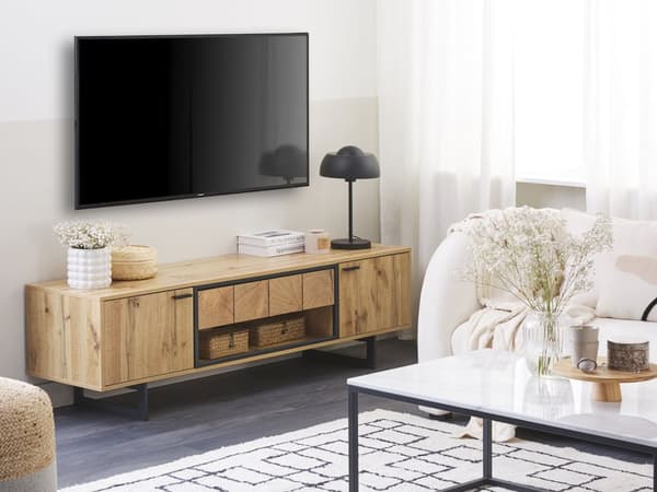 TV-taso vaalea puu/musta 50 x 160 x 40 cm kaksi ovea metalliset jalat rustiikkinen tyyli