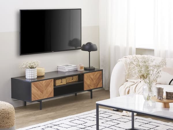 TV bänk Ljus trä och Svart Spånskiva för upp till 60ʺ TV med 2 Dörrar Industriell Stil
