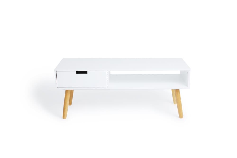 LIFA LIVING Venice TV-bänk, vitt/svart/grått TV-bord med förvaring, låg mediabänk med låda, soffbord av MDF-trä, vintage mediamöbel skandinavisk desig
