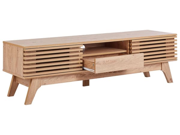 TV Bord Lyst Træ 44 x 149 cm Skuffe Hylde Opbevaring Kabelgennemføring Fjernsynsbord med Skydedøre Design Rillet Front Stue Tvbænk Indretning