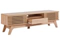 Miniatyrbillede 4 af 10: TV Bord Lyst Træ 44 x 149 cm Skuffe Hylde Opbevaring Kabelgennemføring Fjernsynsbord med Skydedøre Design Rillet Front Stue Tvbænk Indretning