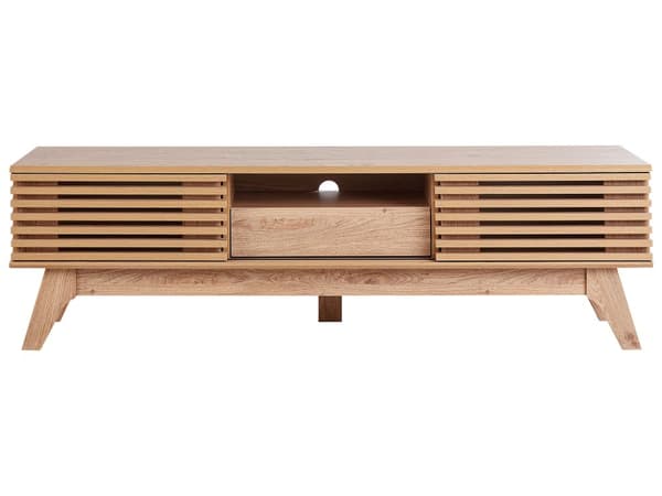 TV Bord Lyst Træ 44 x 149 cm Skuffe Hylde Opbevaring Kabelgennemføring Fjernsynsbord med Skydedøre Design Rillet Front Stue Tvbænk Indretning