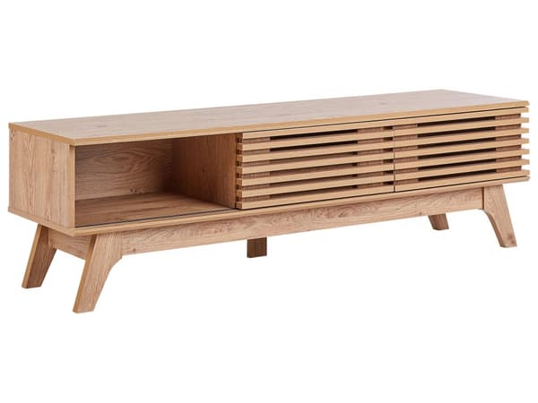 TV Bord Lyst Træ 44 x 149 cm Skuffe Hylde Opbevaring Kabelgennemføring Fjernsynsbord med Skydedøre Design Rillet Front Stue Tvbænk Indretning