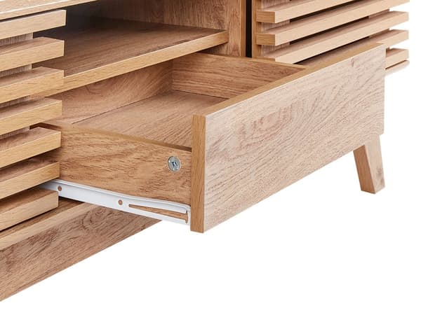 TV Bord Lyst Træ 44 x 149 cm Skuffe Hylde Opbevaring Kabelgennemføring Fjernsynsbord med Skydedøre Design Rillet Front Stue Tvbænk Indretning