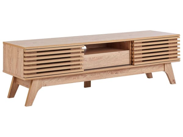 TV Bord Lyst Træ 44 x 149 cm Skuffe Hylde Opbevaring Kabelgennemføring Fjernsynsbord med Skydedøre Design Rillet Front Stue Tvbænk Indretning