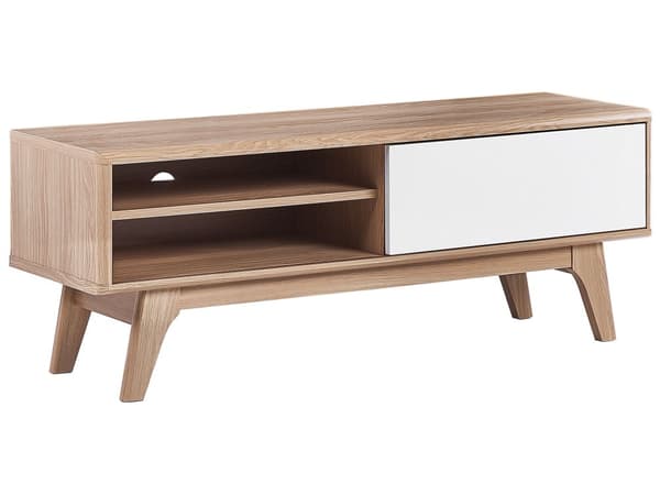 TV bord Lyst Træ og Hvid MDF 44 x 117 cm Lav Fjernsynsbord op til 50ʺ Opbevaring Hylder med Skydedør Udtrækkelige Kabelgennemføring