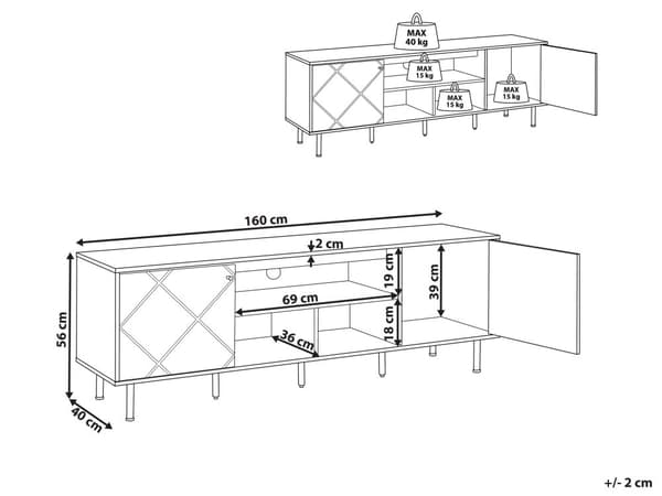 TV-stander Lys Træ Hvid Spånplade Metal 160 x 56 x 40 cm til et TV op til 70ʺ 2 Døre 3 Hylder Sorte Ben Skandinavisk Design Stue