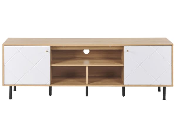 TV-stander Lys Træ Hvid Spånplade Metal 160 x 56 x 40 cm til et TV op til 70ʺ 2 Døre 3 Hylder Sorte Ben Skandinavisk Design Stue
