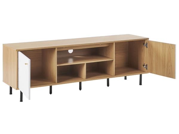 TV-stander Lys Træ Hvid Spånplade Metal 160 x 56 x 40 cm til et TV op til 70ʺ 2 Døre 3 Hylder Sorte Ben Skandinavisk Design Stue