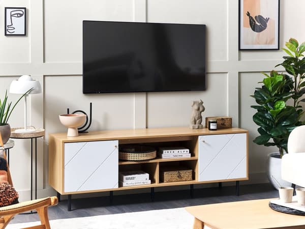 TV-stander Lys Træ Hvid Spånplade Metal 160 x 56 x 40 cm til et TV op til 70ʺ 2 Døre 3 Hylder Sorte Ben Skandinavisk Design Stue