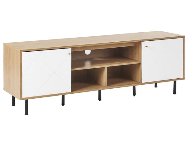 TV-stander Lys Træ Hvid Spånplade Metal 160 x 56 x 40 cm til et TV op til 70ʺ 2 Døre 3 Hylder Sorte Ben Skandinavisk Design Stue