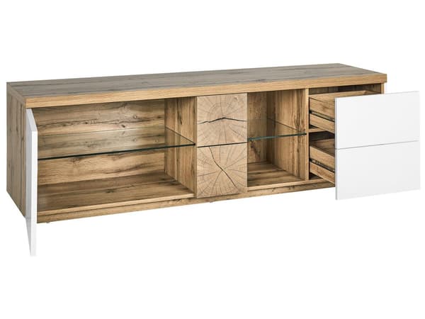 TV bord i Lyst Træ MDF og Hvid Mat 52 x 160 x 40 cm opbevarings skab 2 Skuffer Hylder moderne klassisk med træstamme visuel effekt