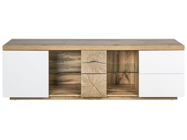 TV bord i Lyst Træ MDF og Hvid Mat 52 x 160 x 40 cm opbevarings skab 2 Skuffer Hylder moderne klassisk med træstamme visuel effekt