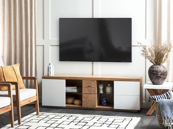 TV bord i Lyst Træ MDF og Hvid Mat 52 x 160 x 40 cm opbevarings skab 2 Skuffer Hylder moderne klassisk med træstamme visuel effekt