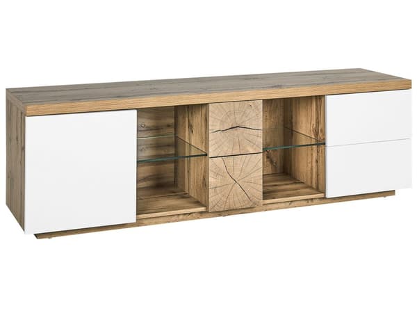 TV bord i Lyst Træ MDF og Hvid Mat 52 x 160 x 40 cm opbevarings skab 2 Skuffer Hylder moderne klassisk med træstamme visuel effekt