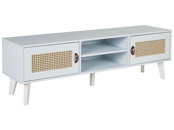 TV-bord i hvid og beige MDF med rattan fronter 2 skabe 2 åbne 140 x 39 x 45 cm hylder Kabelstyring Vintage stil skandinavisk stueindretning