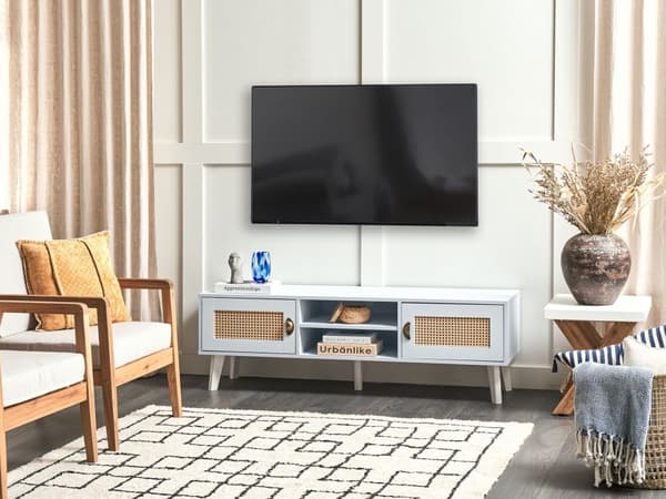 TV-taso valkoinen/beige 45 x 140 x 39 cm MDF 2 ovea 2 avointa hyllyä retro-tyyli