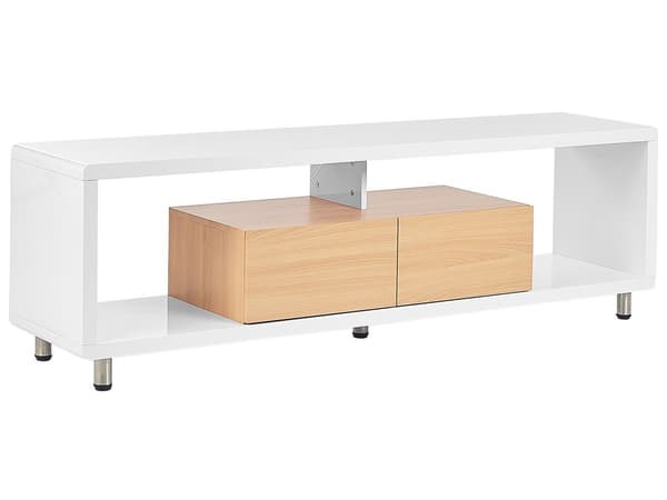 TV-stander Hvidt og Lyst Træ MDF Højglansskab Åbne hylder 2 Skuffer Minimalistisk
