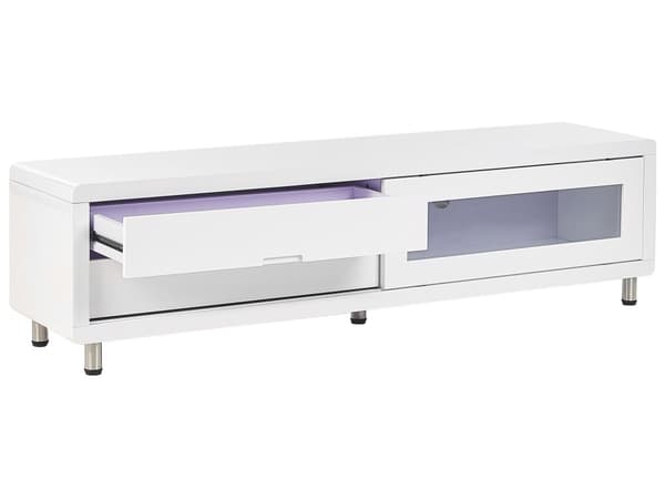 TV-bänk Vit MDF Högblankt skåp med skjutdörr 2 lådor Minimalistisk