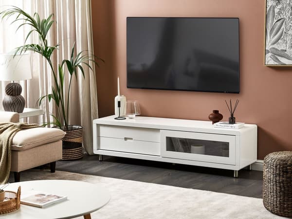 TV-taso valkoinen 158 x 43 x 39 cm MDF lasi rosteri kaappi 2 laatikkoa skandinaavinen