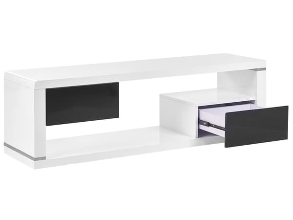 TV-bänk Vit och Svart MDF Hög Glans Byrå med 2 Lådor Öppen Förvaring Minimalistisk