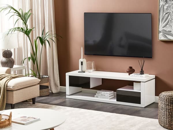 TV-bänk Vit och Svart MDF Hög Glans Byrå med 2 Lådor Öppen Förvaring Minimalistisk