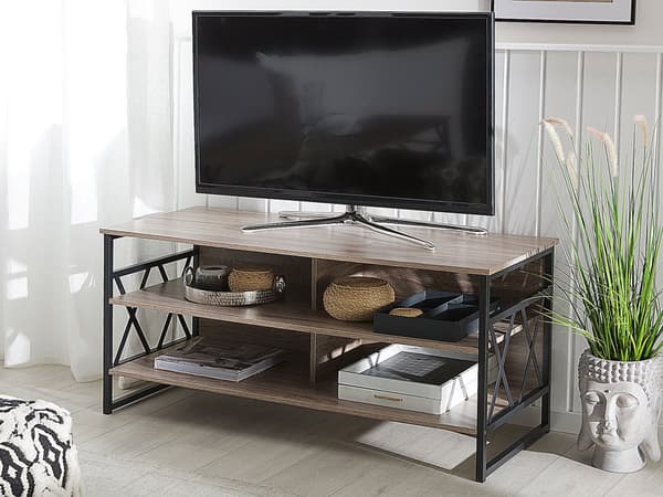TV-benk Skap Mørkt Tre Svart Metall 4 Hyller Oppbevaringsenhet Stue Moderne Industriell Design