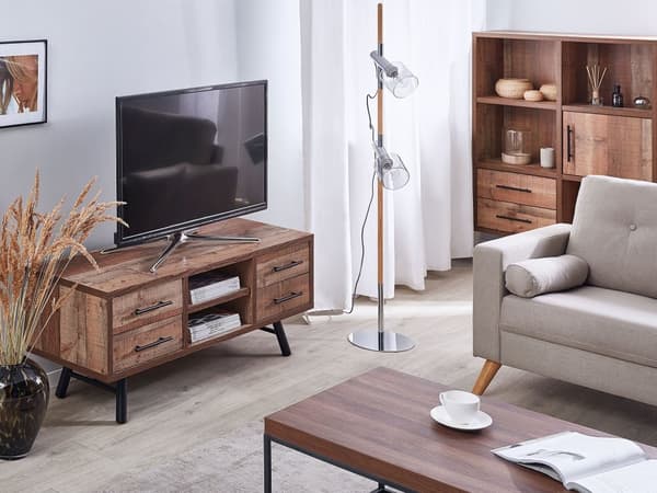 TV-benk Lyst tre Svarte metallben Opptil 57ʺ TV 2 hyller 4 skuffer Rustikk Moderne