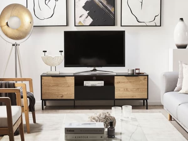 TV-benk Svart Tresponplate Metallben For TV 70ʺ Skuffeoppbevaringsfunksjon