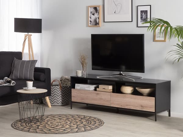 TV-stativ i Lyst Tre med Svart for opptil 70ʺ TV Mediaenhet med 2 Skuffer Hyller
