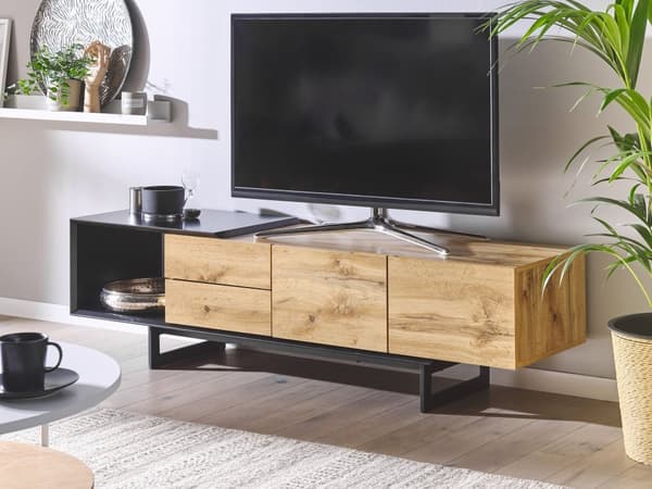 TV-benk Lys Tre Svart MDF 160 cm Opptil 70ʺ Skuffer Hyller Moderne Design