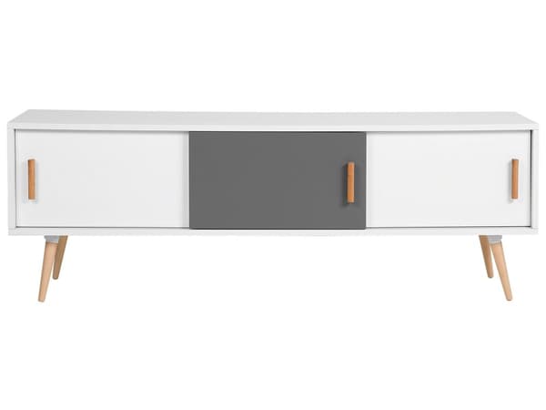 TV-benk Hvit Grå Ben i tre 2 skap med skyvedører Moderne design Oppbevaring TV-møbel Stue