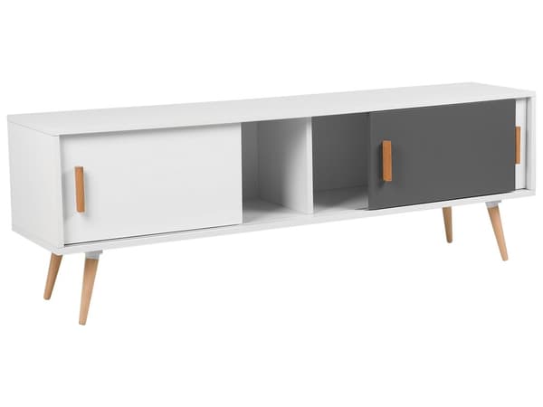 TV-benk Hvit Grå Ben i tre 2 skap med skyvedører Moderne design Oppbevaring TV-møbel Stue