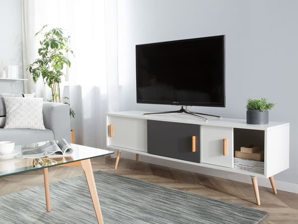 TV-benk Hvit Grå Ben i tre 2 skap med skyvedører Moderne design Oppbevaring TV-møbel Stue