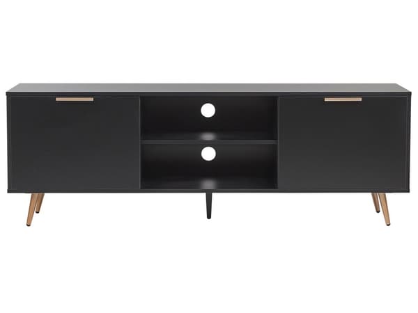 TV-benk Svart MDF Gullfargede metallben Matt finish 2 hyller 2 skap Kabelgjennomføring Moderne design Oppbevaring TV-møbel Stue