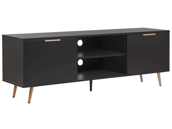 TV-benk Svart MDF Gullfargede metallben Matt finish 2 hyller 2 skap Kabelgjennomføring Moderne design Oppbevaring TV-møbel Stue